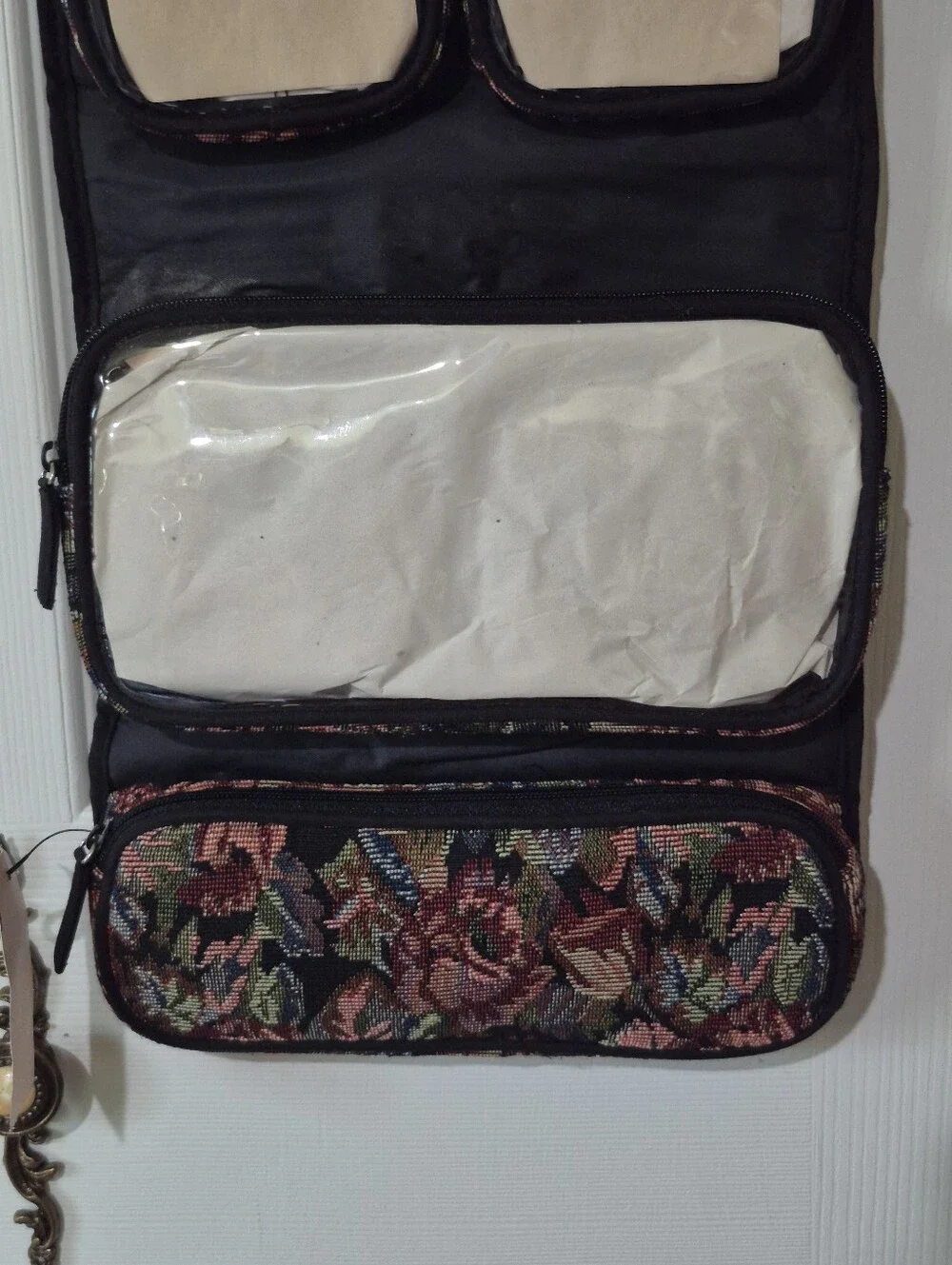 NWTs Vintage black floral tapestry cosmetics and toiletry bag with hanger